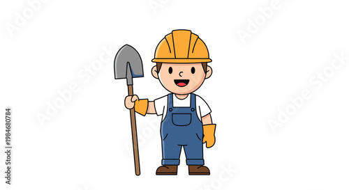 Cute cartoon illustration of a happy construction worker wearing a yellow hard hat and overalls holding a shovel.