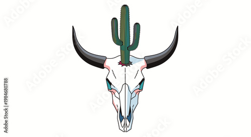 Cow Skull with Saguaro Cactus Vector Illustration, Western Desert Theme Graphic for Southwestern Decor and Creative Branding Projects