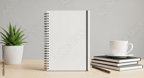 A minimalist desk setup featuring a blank notebook, coffee cup, and plant on a wooden surface