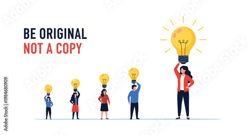 Motivational illustration showing a line of people holding small lightbulbs and one leader holding a large bright one.