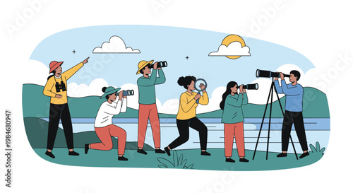 Group of explorers and birdwatchers looking through telescopes and binoculars at a scenic landscape with mountains.