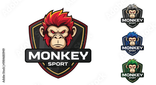 Fierce monkey sports logo design featuring an angry ape face on a shield in various color combinations.
