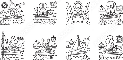 Dog captains navigating sailboats and motorboats through icy arctic waters