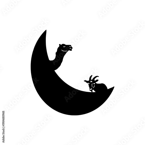Islamic Eid al-Adha Crescent Moon Silhouette with Camel and Goat Icon