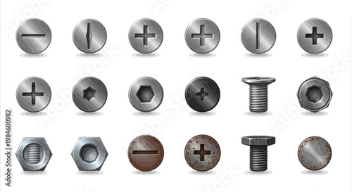 Detailed metal fasteners collection screw heads, bolts, and nuts. Various drive types and finishes, new to rusty, for industrial design