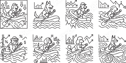 Dogs rowing inflatable rafts through stock market waves and financial volatility