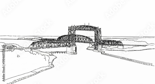 Stylized sketch of a large vertical lift bridge over a river, with a train crossing