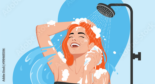 Joyful woman with long red hair taking a refreshing shower with water and soap bubbles for morning hygiene.