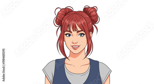 Cute portrait of a young woman with bright red hair styled in two space buns and smiling at the camera.