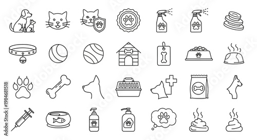 Modern Outline Icon Set Essential Pet Care & Animal Health, Covering Veterinary Services, Grooming, Supplies, & Welfare Concepts for Dogs & Cats