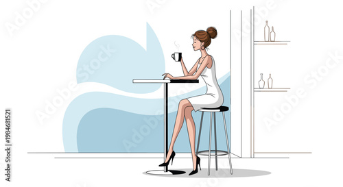 Elegant young woman in a white dress sits at a high bar table enjoying a cup of hot coffee in a minimalist modern cafe environment.