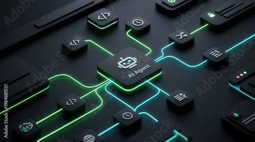 3D rendering of an AI workflow automation software interface with nodes and triggers.