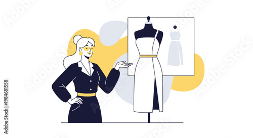 Skilled female fashion designer presents an elegant white dress displayed on a mannequin for her creative apparel brand collection.