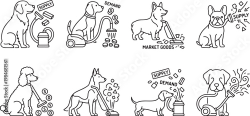 Economy concepts illustrated with dogs using vacuum cleaners for supply and demand
