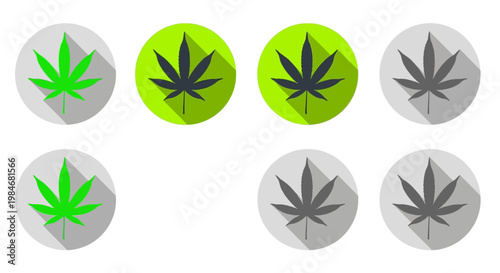 Modern flat design cannabis leaf icons with long shadows. A versatile collection in green and gray, ideal for digital graphic concepts, web development, and application interfaces