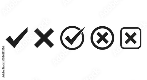 A collection of five common graphical symbols representing choices, verification, or negation, including checkmarks and crosses