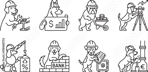 Professional dogs working in construction and banking industries