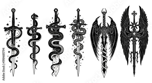 Collection of intricate gothic sword illustrations entwined with serpents and celestial wings, set against a white background