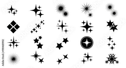 A versatile vector collection of sparkle, twinkle, and shine icons. Enhances graphic design concepts with luminous effects, bright stars, and radiant glows