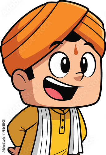 Indian boy cartoon vector illustration featuring smiling child with traditional turban cultural character isolated design