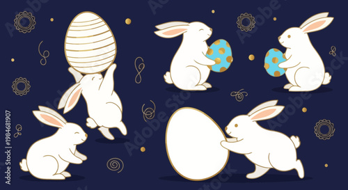 Adorable white Easter bunnies playing with decorative eggs.