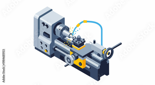Isometric Industrial Metal Lathe Machine Vector Illustration - CNC Turning Equipment for Manufacturing and Engineering