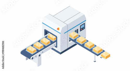 Isometric 3D Illustration of an Automated Industrial Packaging Machine for Food Processing, Featuring Cheese Blocks on a Conveyor Belt and Plastic Shrink Wrap Packaging