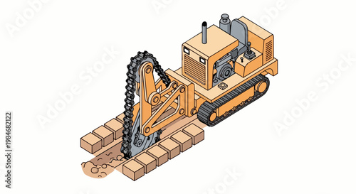 Isometric Vector Illustration of a Heavy Duty Ride-on Trencher Machine Digging a Ditch for Utility Installation