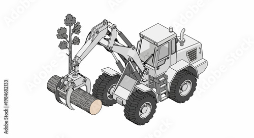 Isometric line drawing of an industrial log loader lifting a timber log, forestry machinery vector illustration.