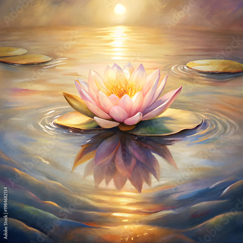 Soft pastel lotus floating on water with sunset glow, peaceful meditation scene, spiritual awakening, calm reflection, mindfulness art, wellness design, poster, background