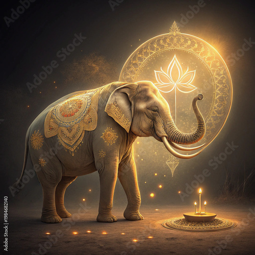 Sacred elephant with ornate patterns and glowing mandala, spiritual symbolism, wisdom and strength, meditation art, cultural design, mystical concept, poster, branding, illustration