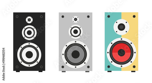 Three different stylized speakers for music and entertainment, illustration style, in black, gray, and turquoise and yellow colors