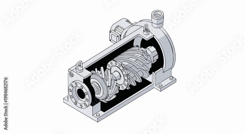 Industrial Twin-Screw Pump Cross-Section Technical Illustration. Isometric cutaway view of a rotary displacement pump for fluid handling and engineering applications.