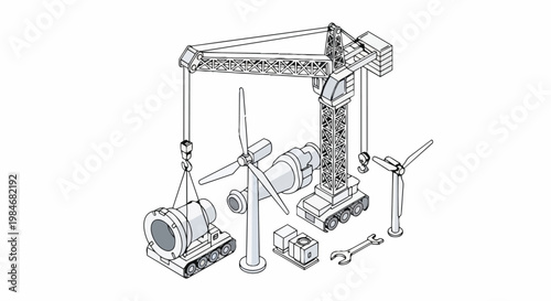 Isometric Illustration of Wind Turbine Construction Site with Heavy Lifting Crane and Renewable Energy Infrastructure Components in Minimal Line Art Style