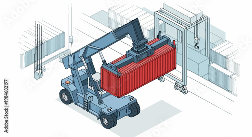 Reach Stacker Loading Red Shipping Container in Cargo Port, Isometric Logistics and Supply Chain Illustration