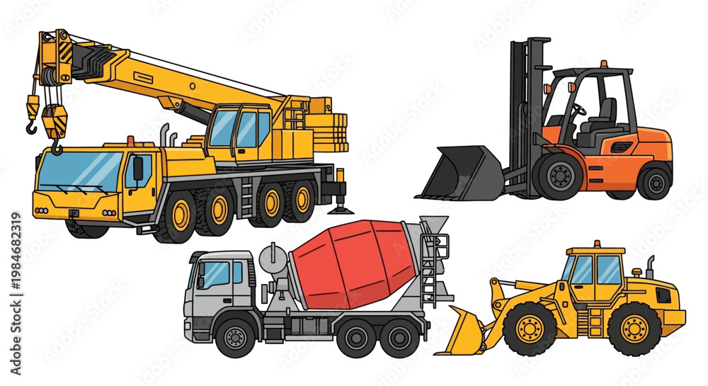 Obraz premium Heavy construction machinery set including crane, forklift, cement mixer, and front loader.