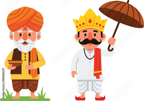 Indian traditional characters vector illustration featuring village farmer and royal king with umbrella cultural cartoon figures isolated design