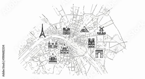 Stylized map of Paris with iconic landmarks illustrated in black and white