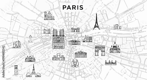Stylized map of Paris showcasing iconic landmarks and city layout