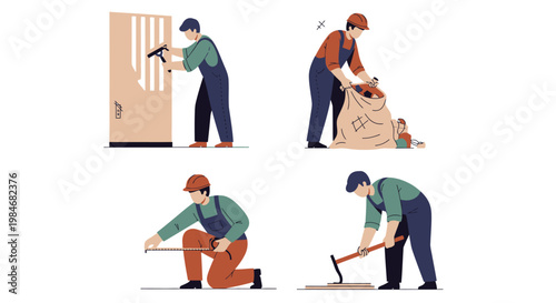 Set of four illustrations depicting various manual labor tasks performed by workers.