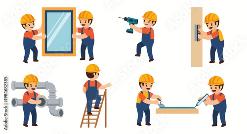 Set of cartoon construction workers performing various home repair and maintenance tasks.