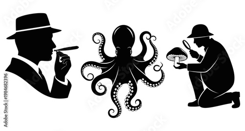 Detective examining mushroom octopus and man with cigar silhouettes against white background