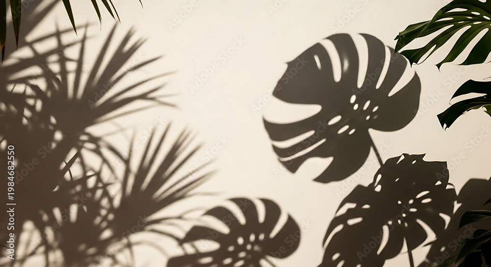 Fototapeta premium Botanical shadows of tropical leaves against a light toned surface