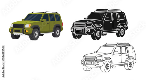 Three distinct illustrations of an off-road SUV vehicle.