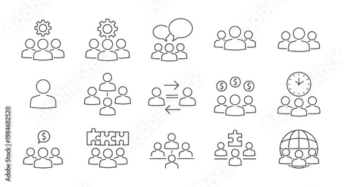Comprehensive collection of linear icons representing diverse aspects of teamwork, business organization, communication, and global collaboration for digital platforms and corporate presentations