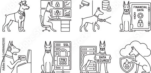 Cyber security Doberman dogs protecting data and financial servers