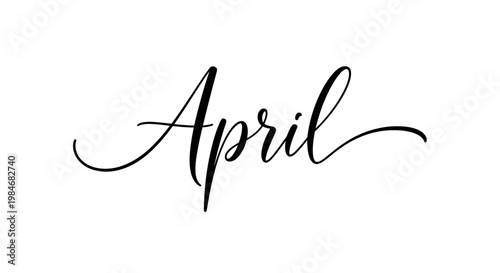 Elegant script typography of the word 'April' in a graceful calligraphic style on a pristine white background, perfect for spring seasonal designs and calendar elements