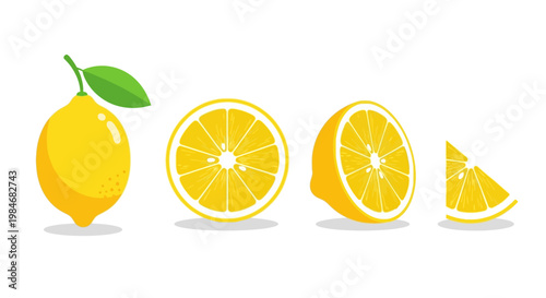 A delightful illustration showcasing a whole lemon, a halved lemon, and a lemon slice, perfect for adding a fresh zest to any design project