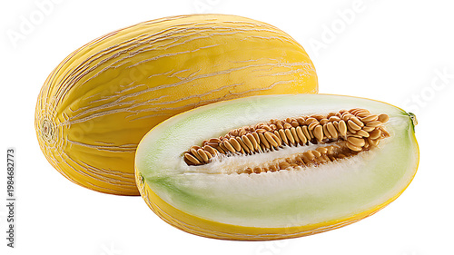 Fresh Pepino Melon Fruit with slice and seeds Composition on White Background