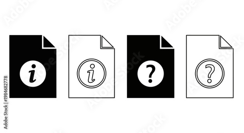 Collection of icons depicting information and questions, presented on black and white backgrounds for versatile use in digital and print media